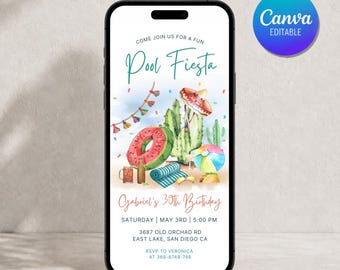 Invitación a la fiesta en la piscina/Cinco de Mayo, fiesta de verano (plantilla editable de Canva)