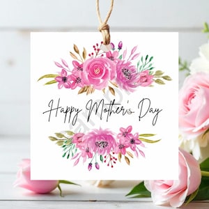 Afdrukbaar cadeaulabel voor Moederdag | Vierkant label van 2" x 2" | Pioenrozen, roze bloemenboeket | Direct downloaden | Pdf-bestand