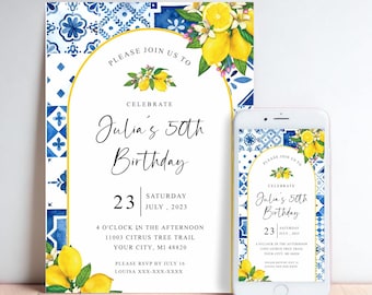 Lemons and Blue Tiles Birthday Invitation: Mediterranean (Printable and Digital File)