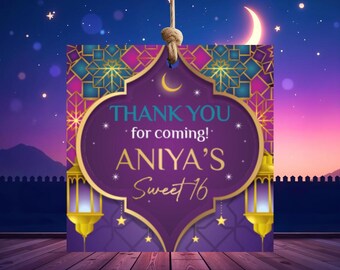 Peut inclure: Etiquette de remerciement violette et dorée avec un croissant de lune et des étoiles. L'étiquette dit "Merci d'être venu ! Aniya's Sweet 16".
