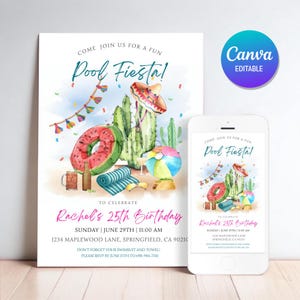 Pool Fiesta Invitation | Summer Party & Cinco de Mayo Celebration | Canva Editable Template | Printable 5&quot; x 7&quot; + Digital Invitation