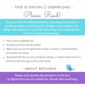 Pu&ograve; includere: Un foglio informativo per il download digitale con uno schema di colori turchese e viola. Il testo recita "Si prega di leggere!" e fornisce dettagli sul file digitale, comprese le informazioni sui rimborsi. &Egrave; inclusa una piccola grafica di uccello blu.
