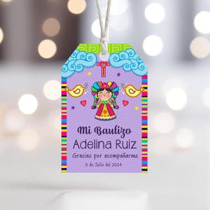 Baptism Tag, Girl Mexican Doll, Colorful, Baptism, Christening. Non-editable, needs personalization.