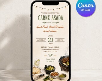 Plantilla de invitación para carne asada / Invitación editable para barbacoa / Invitación para parrillada mexicana / Fiesta en el jardín / Plantilla de Canva
