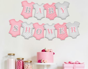 Banner imprimible de mono rosa y gris / Guirnalda para baby shower / Archivo de descarga instantánea