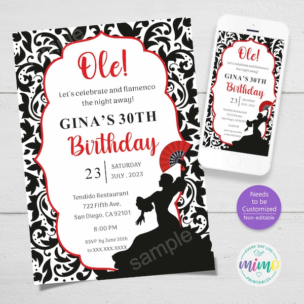 Flamenco Birthday Invitation: Spain Themed Invitation for Birthday or Bridal Shower. Non-editable. Personalized, Printable & Digital Formats