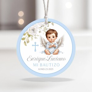 Etiquetas de regalo de 2" redondas para bautismo, diseño de ángel azul para bebé niño, imprimibles, se deben personalizar con el nombre. No editables
