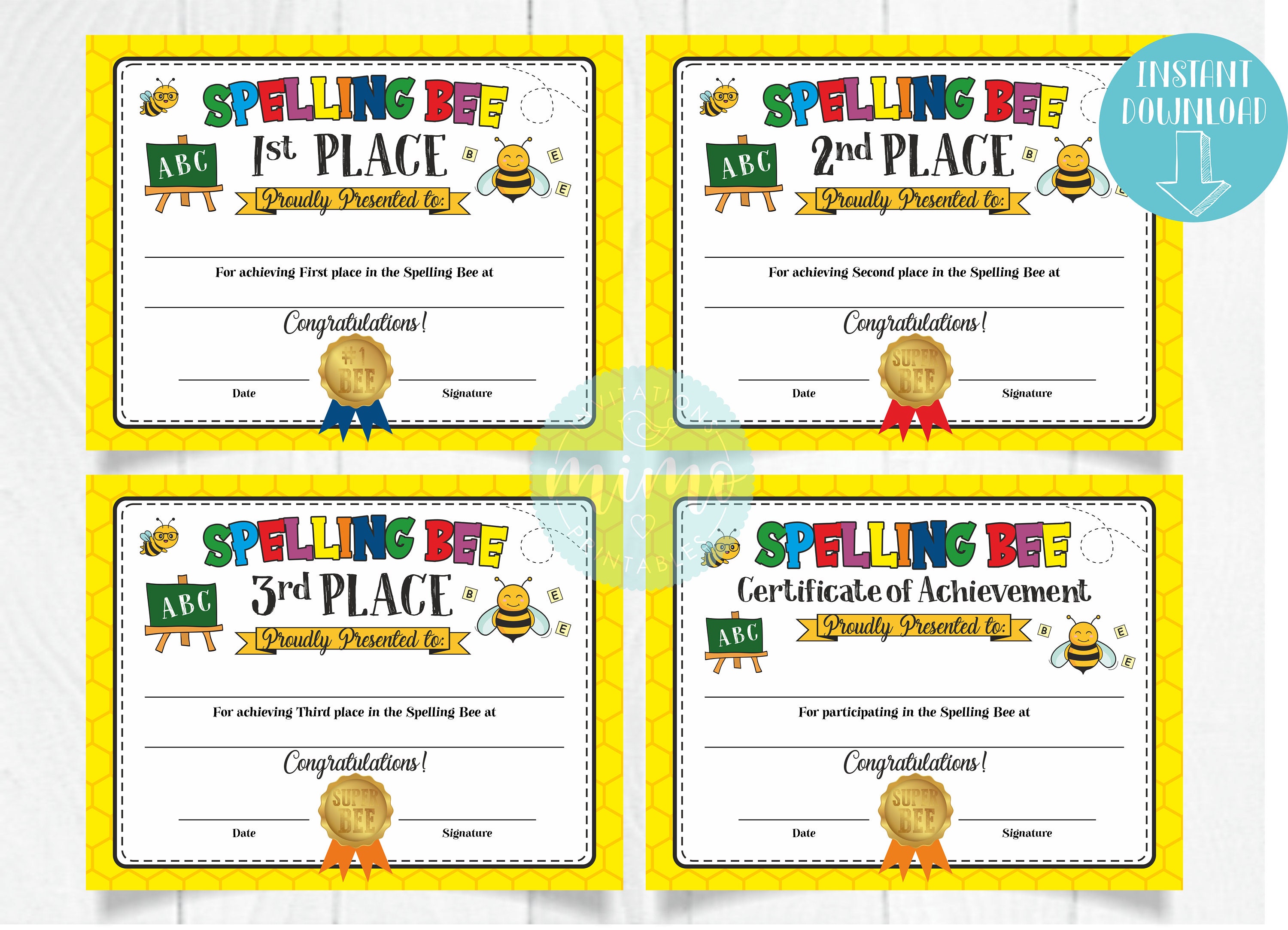 Spelling BEE Certificates / First Second Third Place & also  Etsy Pertaining To Spelling Bee Award Certificate Template