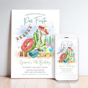 Convite para festa na piscina | Festa de verão e comemoração do Cinco de Mayo | Não editável | Personalizado | Formato para impressão e digital incluído.