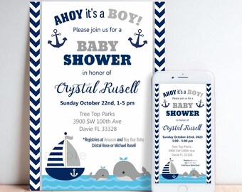 May include: Ahoy it's a boy! Navy blue and gray baby shower invitation with a chevron pattern border. The invitation features a sailboat, whales, and anchors. The text reads "Ahoy it's a boy! Please join us for a baby shower in honor of Crystal Russell. Sunday October 22nd, 1-5 pm. Tree Top Parks, 3900 SW 100th Ave, Davie FL 33328. Registries at Amazon and Buy Buy Baby, Cristal Rose or Michael Russell."