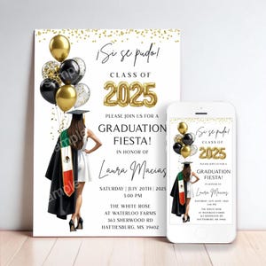 Faire-part de remise des diplômes féminin mexicain | « Si Se Pudo » | Promotion 2025 | Écharpe représentant le drapeau du Mexique | Personnalisable | Téléchargement instantané