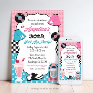 50&#39;s Rock and Roll Birthday Invitation: Retro Sock Hop Theme (Printable & Digital)