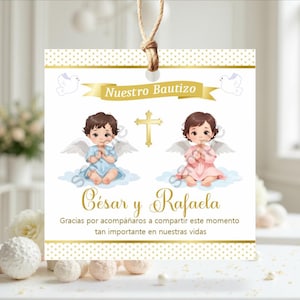 Etichetta per bomboniera battesimo angelo per fratelli/gemelli, femmina e maschio / Modello quadrato 2" x 2" / Etichetta realizzata su ordinazione / Non modificabile