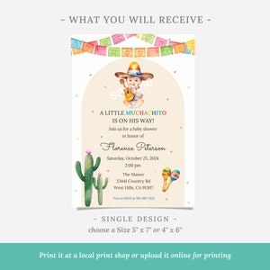 May include: A baby shower invitation with a watercolour design. The invitation features a baby in a sombrero playing a guitar, with text that reads "A Little Muchachito Is On His Way!" and event details.