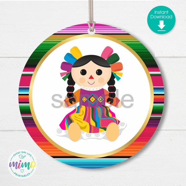 Mexican Colorful Rag Doll Round 2" Tag: Circle Topper, Fiesta Tag. Instant Download File