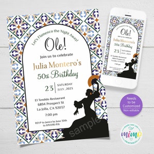 Flamenco Party Invitation: Spain, Andalusian Mosaic Theme. Personalized, Non-Editable. Available in Printable & Digital Formats