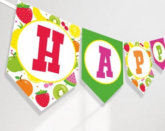 May include: A colorful fruit-themed banner that reads "HAPPY". The banner is made of five individual flags, each with a different fruit pattern and a letter in a circle. The letters are red, pink, orange, and purple.