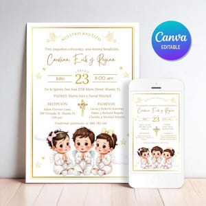 Op de afbeelding: Een gouden en witte doop uitnodiging met een afbeelding van drie baby's in witte jurken met engelenvleugels. De uitnodiging bevat de namen Carolina, Erik en Regina, de datum 23 juli en de tijd 11:00 uur. De uitnodiging bevat ook de locatie van de doop, de namen van de ouders en de namen van de peter en meter.