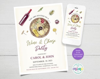 Wine and Cheese Party Invitation: Dinner Party, Rehearsal Dinner. Not Editable, Personalized, Printable & Digital Invitation included.