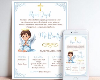 May include: A blue and gold baptism invitation with a picture of a baby angel. The invitation includes the name "Ryan Jazel" and the date "25/Septiembre/2024".