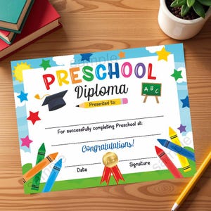 Diploma de graduación de preescolar: tamaño carta 8,5" x 11", imprimible. Llénelo a mano. Descarga instantánea