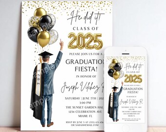 Male Graduation Invitation: Gold & Black Balloons (Digital Download)
