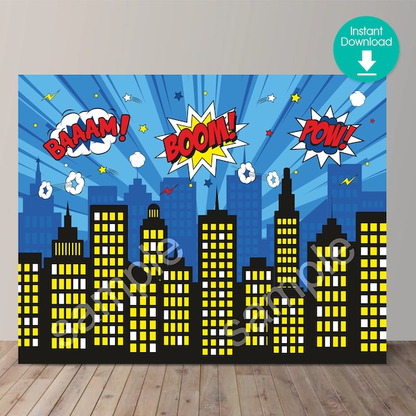 Superhero City Skyline: Comic Style Night City Buildings, Word Bubbles Size 7ft by 5.5ft. Instant Download