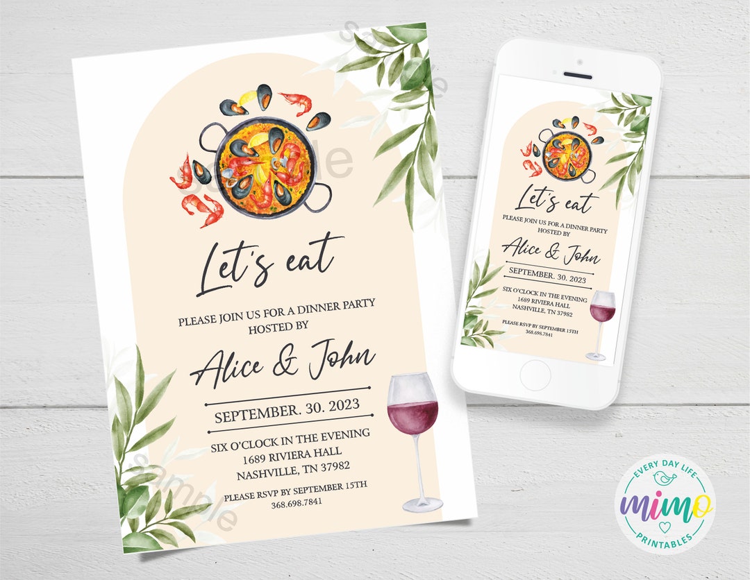 Paella Party Invitation, Dinner Party, Rehearsal Dinner, Not Editable