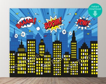 Superman City Backdrop Superhero Spiderman Skyline City Flash Blue Building Mansion Birthday Party Printed Fabric Photography Background F0211, 7 Wide by 5 Tall