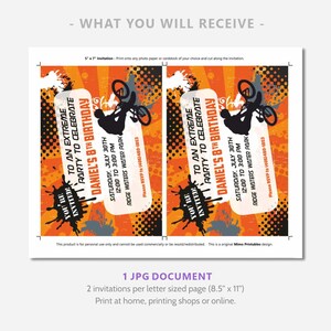 May include: Two 5x7 inch printable invitations for a boy's 8th birthday party. The invitations feature a black silhouette of a boy riding a BMX bike with an orange, black, and white graphic background. The text on the invitations reads "You're Invited! To an Extreme Party to Celebrate Daniel's 8th Birthday. Saturday, July 30th 12:00 to 3:00 PM Ridge Waters Water Park. Please RSVP to (406)480-1853."