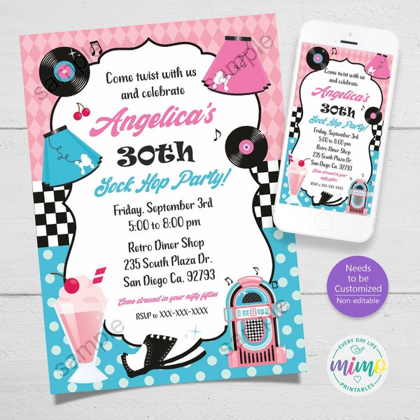 50's fifties Rock and Roll, Sock Hop, Birthday Invitation, Retro 50s Theme Invite, 1950s, Printable & digital Invitation