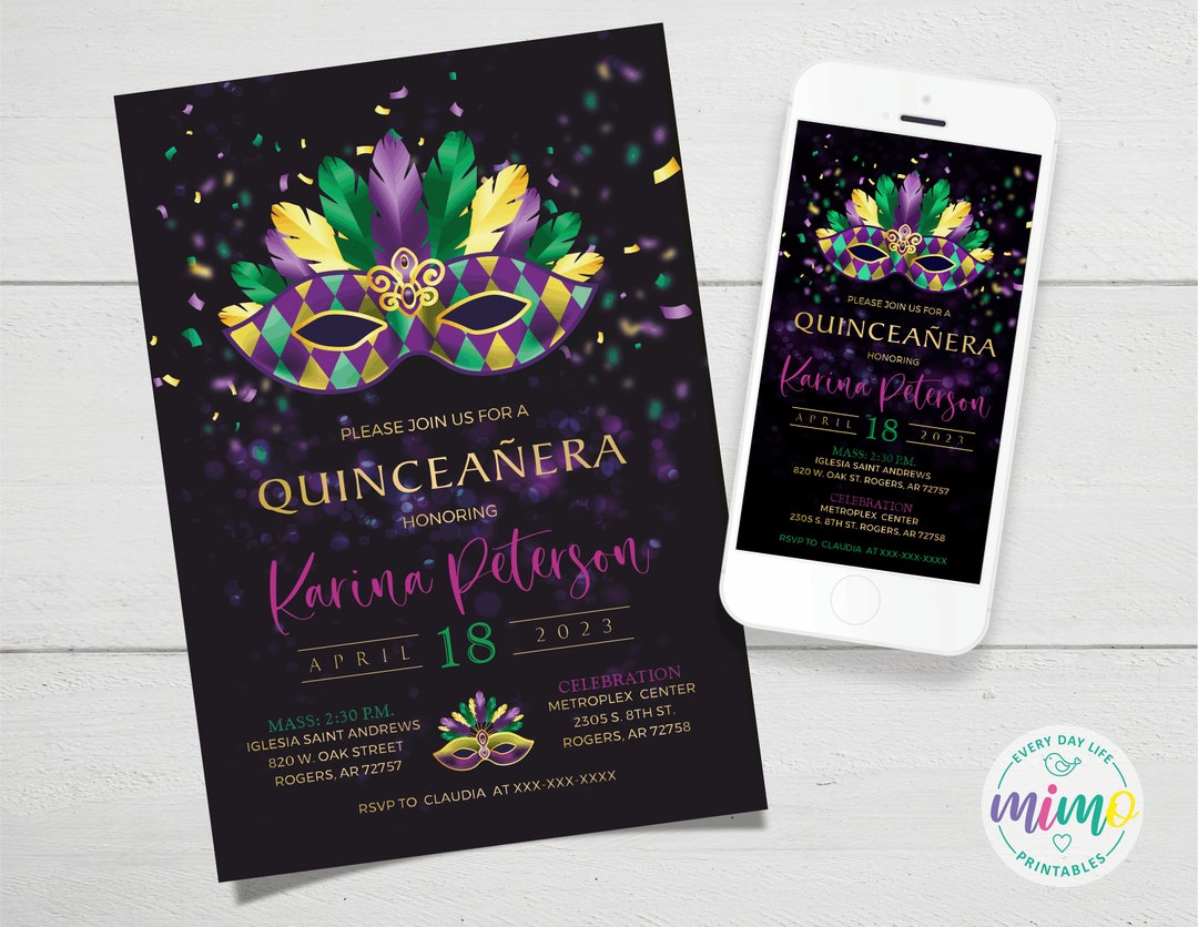 Mardi Gras Quinceañera, Masquerade XV Años, Printable & Digital Invitation Etsy