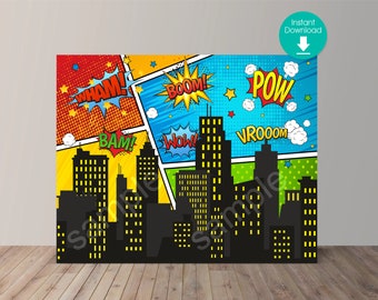 City Skyline Buildings Printable Backdrop: Comic Scene, Superhero Background. Size 7' x 5.5' ft. Digital File, Instant Download