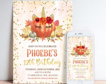 May include: A birthday invitation featuring a pumpkin unicorn design with fall foliage. The invitation includes the text "Join us to celebrate Phoebe's 12th Birthday" with event details. A smartphone displays the same design.