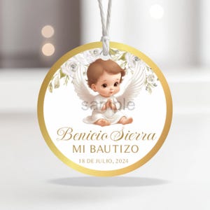 Etiquetas de recuerdo para bautizo de bebé ángel / Tema de bautizo dorado / Plantilla redonda de 2" / Imprimible / Personalizada con nombre / No editable