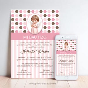 Tarjeta de invitación para bautizo de niña con ángel rosa / Diseño de lunares y rayas / No editable, personalizada / Formatos digitales imprimibles incluidos