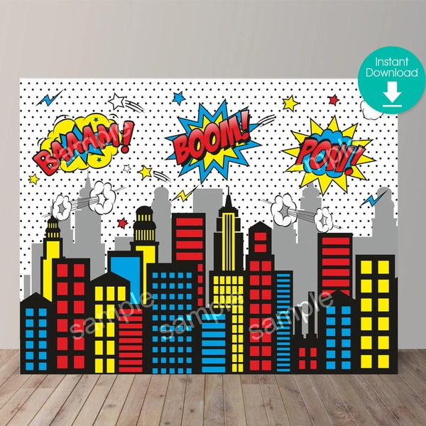 Superhero City Skyline: Featuring City Buildings and Comic Scene with Word Bubbles. Printable Backdrop, Size 7' x 5.5' ft. Instant Download!