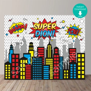 Superhero City Skyline Backdrop with Personalized Name: Printable Background, Digital File. Size  5' x 4' ft