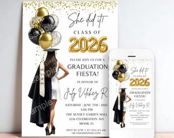 Female Graduation Invitation: Gold, Silver, Black Balloons (Digital Download)