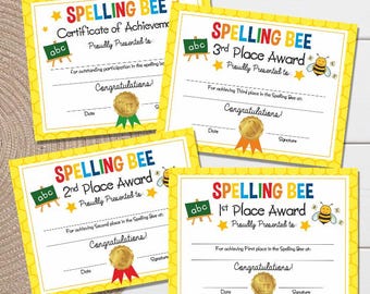 Certificados del concurso de ortografía: 1.er, 2.º, 3.er puesto y logros (descarga instantánea)