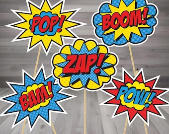 Accessori per cabine fotografiche da supereroi: Pow, Bam, Boom, Zap, Wow (file stampabili)