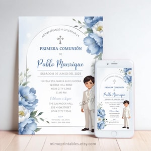 Tarjeta de invitación para la primera comunión de un niño, diseño floral azul, personalizada, no editable, disponible como archivo imprimible y digital