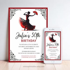 Uitnodiging flamenconacht | voor verjaardag of vrijgezellenfeest | Niet-bewerkbaar | Gepersonaliseerd | Inclusief afdrukbare en digitale indelingen