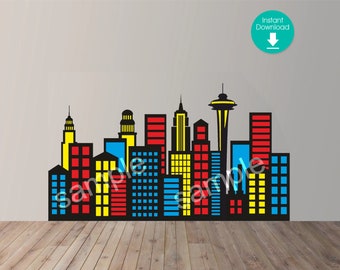 City Skyline, buildings, Seattle, Comic Scene, Printable, Size 7 x 4ft, PDF, PNG, SVG, Instant Download