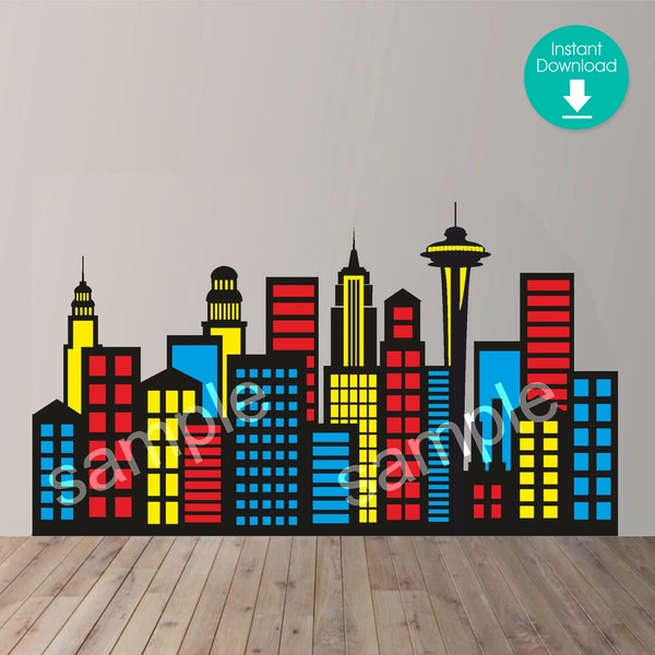 City Skyline, buildings, Seattle, Comic Scene, Printable, Size 7 x 4ft, PDF, PNG, SVG, Instant Download