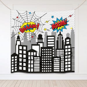 Superhero Black and White Buildings Backdrop | Comic with Word Bubbles | City Skyline | Size 6&#39; x 6&#39; ft | Printable File | Instant Download