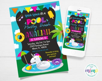 Pool Party Bash, Unicorn Float, Invitation, Printable & Digital