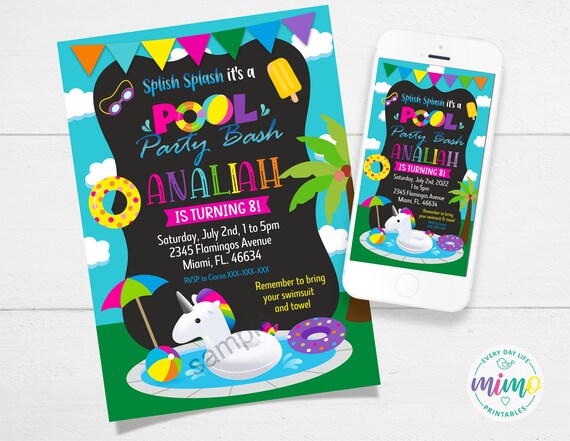 Pool Party Bash Unicorn Float Invitation Imprimable Etsy France