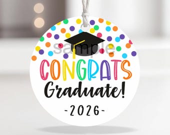 ¡Felicidades, graduado/a de 2026! Etiqueta de regalo colorida / Etiqueta redonda imprimible de 5 cm (descarga instantánea)
