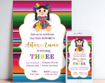 May include: A colorful invitation for a girl's third birthday party. The invitation features a traditional Mexican doll with a colorful dress and a striped background. The text on the invitation reads "Join us to celebrate our little SEÑORITA Aitana Lucia is turning THREE Saturday February 26th 29 Mystic View Rd Everett, MA 02149 Time: 4 to 7 pm RSVP: to Monica at 903-432-6543"